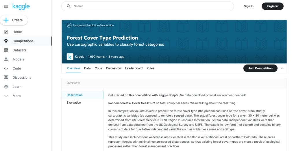 숲의 나무 피복 유형 예측 (Forest Cover Type Prediction) | 캐글 (Kaggle)